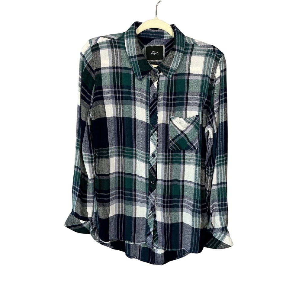 Rails Hunter Green Navy White Plaid Rayon Flannel Button Down Shirt Large